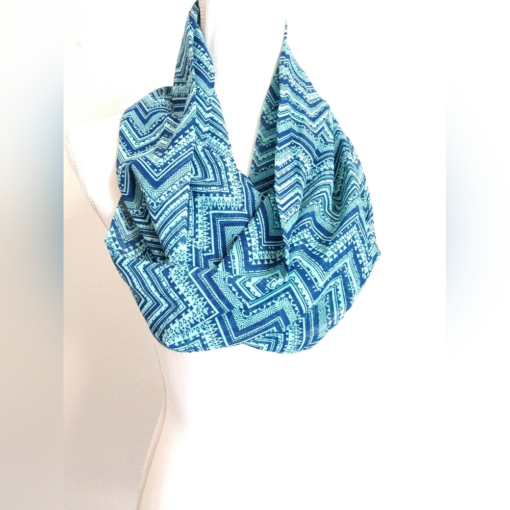 Fashion Infinity Scarf Blue on Blue Chevron Geometric Stripe Circle Loop Scarf